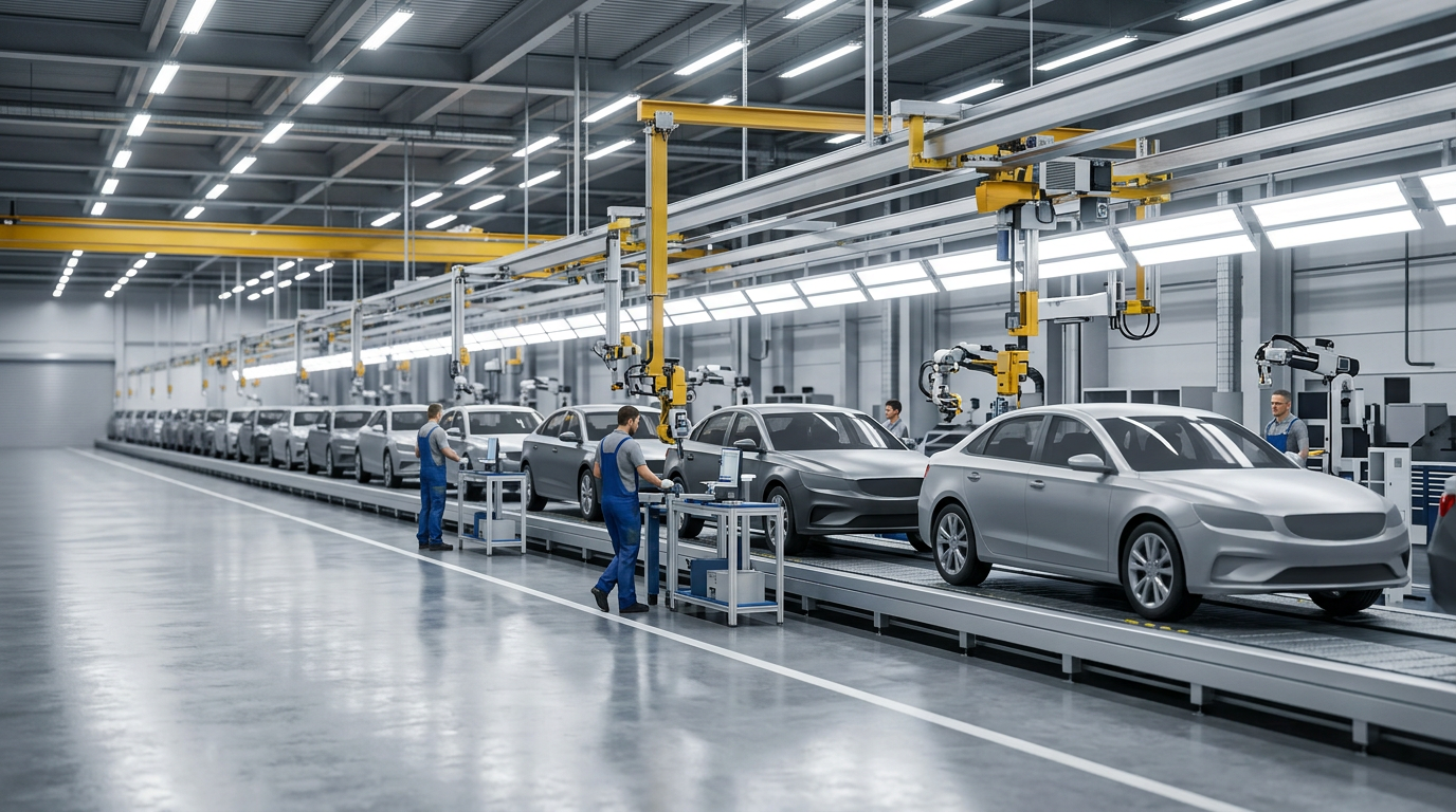 Modern automotive assembly line—visual context for an optimization case study.
