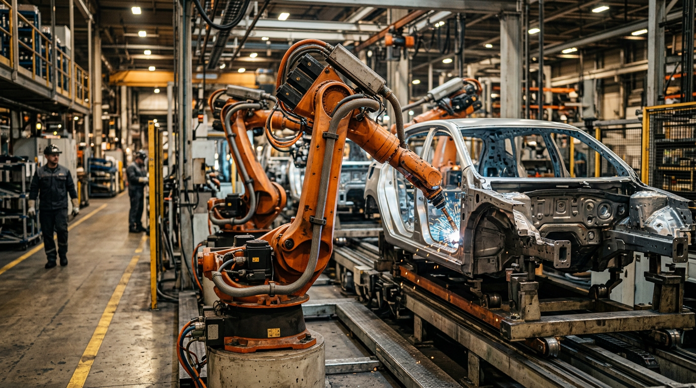 Industrial line with robotic arm in an assembly cell.