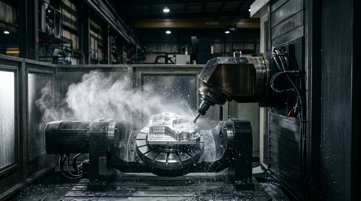 CNC machining center with coolant.