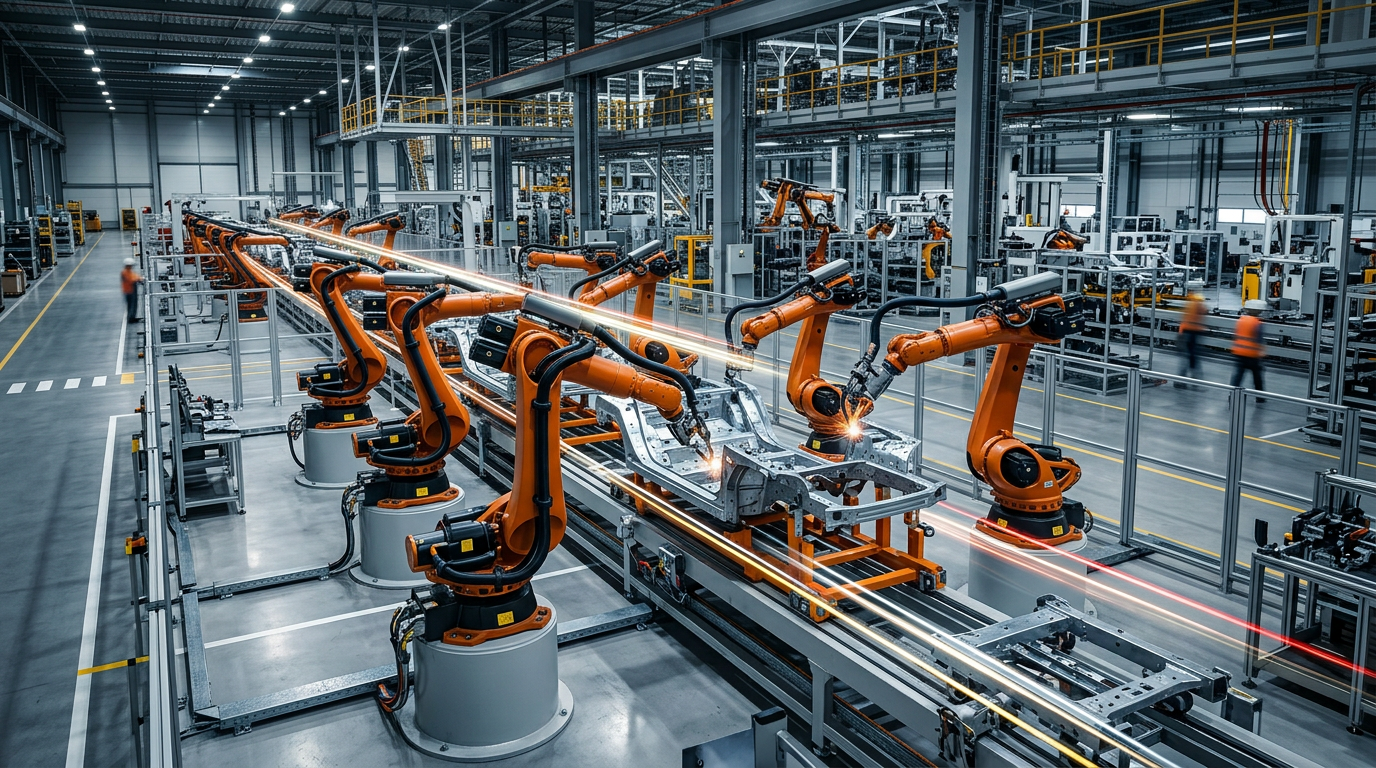 Modern industrial plant with robotic arms on an assembly line.