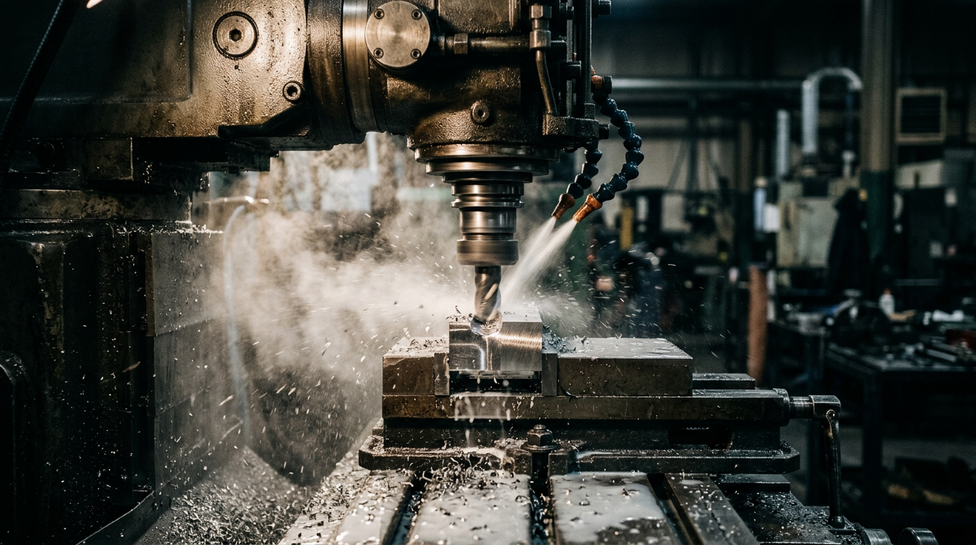 CNC machining center with coolant during milling of a metal part.