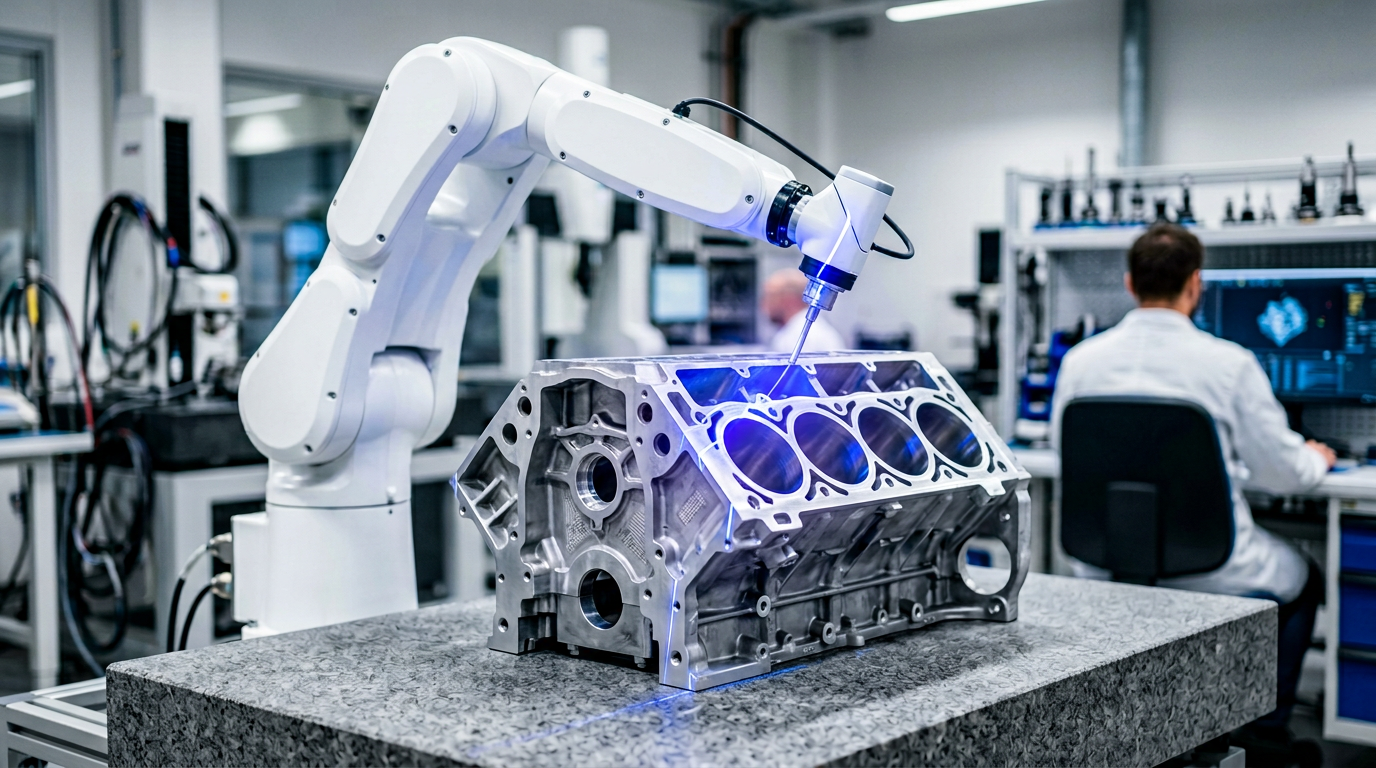 Metrology cell: robotic arm with laser scanner over a machined part.